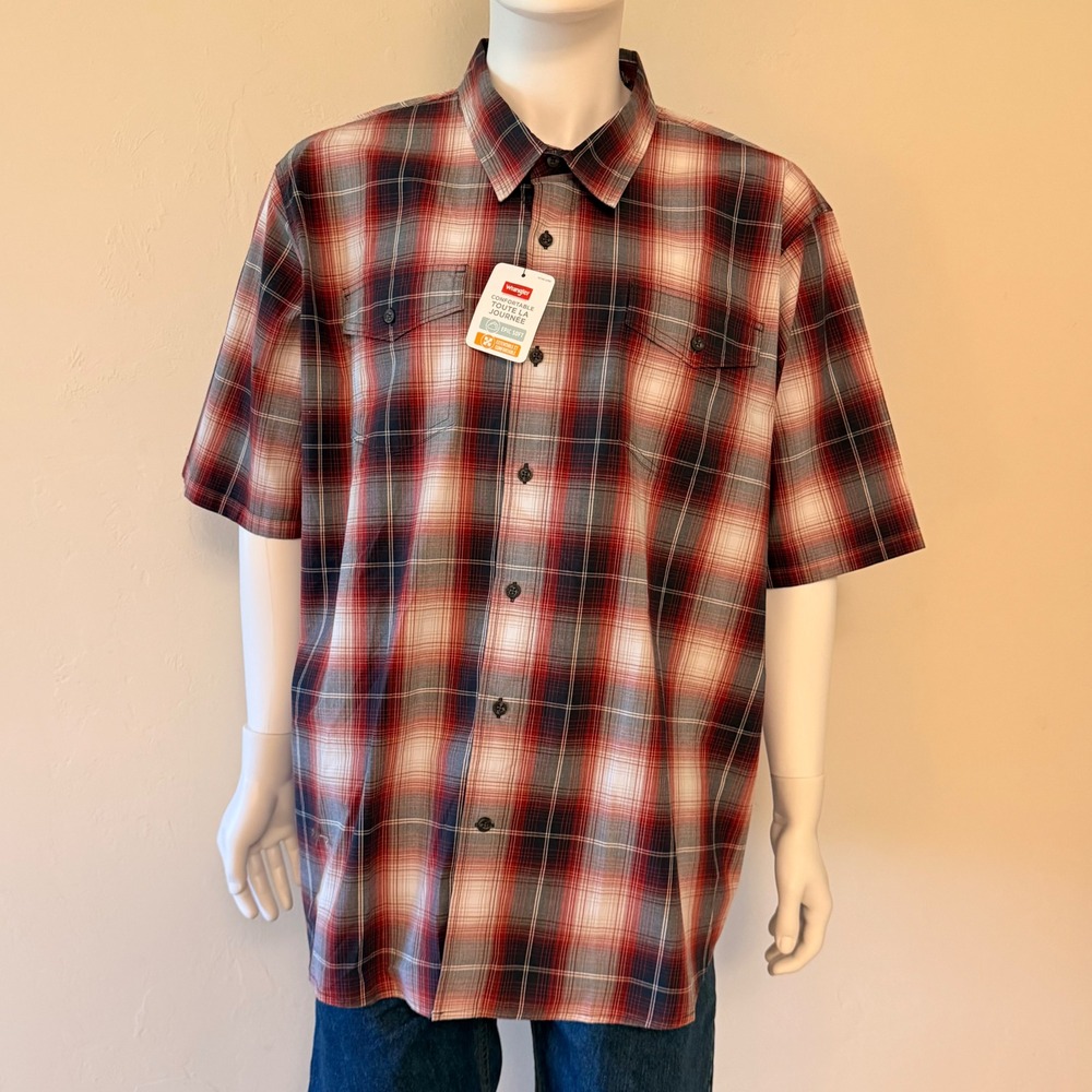 NWT Wrangler Mens Epic Soft Plaid Short Sleeve Button Down Shirt Red Black 3XL